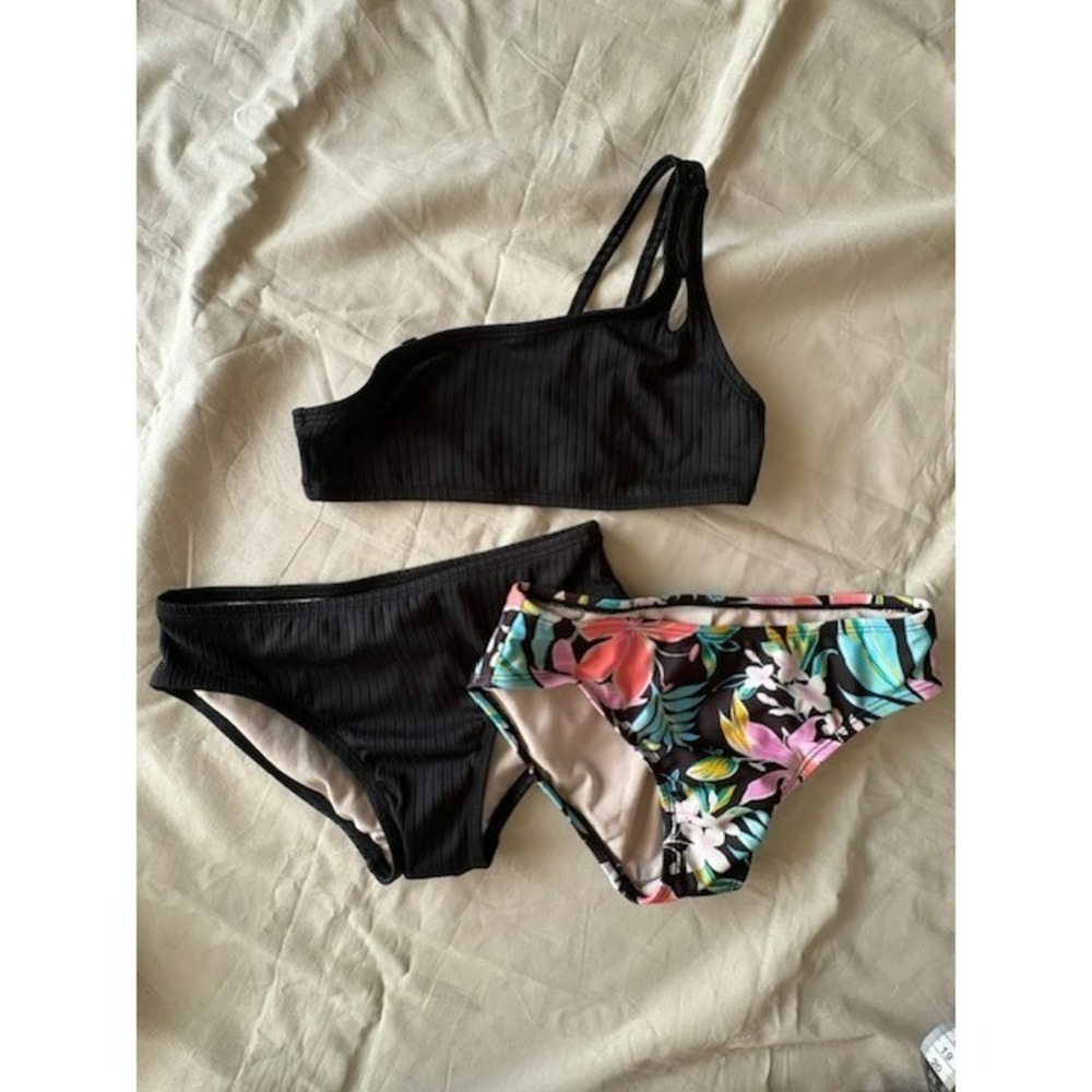 Art Class Girls Size M (8) 3Pcs Swimsuit Set Floral Black Bikini Summer Tropical